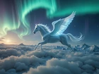 Fantasy, Koń, Biały, Skrzydła, Pegaz, Zorza polarna, Chmury