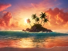 Mała, Wyspa, Palmy, Morze, Fala, Chmury, Zachód słońca, Grafika