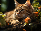 Kot, Spojrzenie, Kwiaty, Rośliny