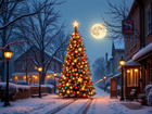 Boże Narodzenie, Choinka, Domy, Zima, Noc, Księżyc, Drzewa