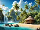 Grafika, Plaża, Góry, Promienie słońca, Wodospad, Rzeka, Domek, Chata, Palmy, Kamienie