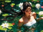 Grafika, Kobieta, Woda, Lilie wodne, Kwiaty