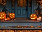 Dom, Drzwi, Dynie, Świece, Liście, Jesień, Halloween