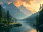 Góry, Jezioro, Wschód słońca, Mgła, Drzewa, AI