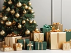 Boże Narodzenie, Choinka, Światełka, Złote, Bombki, Prezenty
