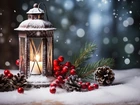 Śnieg, Lampion, Świeca, Gałęzie, Szyszki