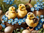 Wielkanoc, Kurczaki, Koszyk, Kwiaty, Pisanki, Grafika
