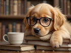 Szczeniak, Okulary, Książki, Filiżanka, AI