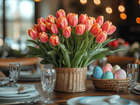 Wielkanoc, Bukiet, Tulipany, Wiklinowe, Koszyczki, Pisanki, Kieliszki