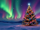 Zima, Pole, Śnieg, Udekorowana, Choinka, Zorza polarna, Boże Narodzenie, AI