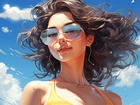 Dziewczyna, Okulary, Niebieskie, Niebo, Chmury, Grafika