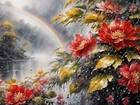 Grafika, Kwiaty, Deszcz, Tęcza