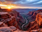 Wschód słońca, Promienie słońca, Kanion, Rzeka, Skały, Grafika AI