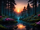 Rzeka, Kwiaty, Las, Drzewa, Zachód słońca, Grafika