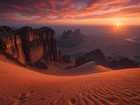 Pustynia, Wydmy, Piaskowe, Skały, Zachód słońca, Grafika