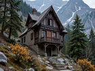 Góry, Dom, Schody, Skały, Drzewa, Grafika AI