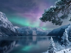 Zima, Jezioro, Drzewa, Góry, Zorza polarna, Grafika AI