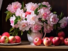 Kwiaty, Różowe, Bukiet, Jabłka, Kompozycja, Grafika