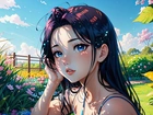 Dziewczyna, Niebieskooka, Brunetka, Ogród, Kwiaty, Anime