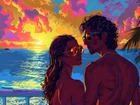 Kobieta, Mężczyzna, Morze, Zachód słońca, Grafika AI