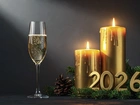 Data, Nowy Rok, 2026, Kieliszek, Szampan, Świece, Gałązki, Szyszka