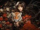 Dziewczyna, Tygrys, Kwiaty