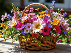 Kwiaty, Kolorowe, Bukiet, Koszyk, Stół