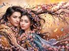 Kobieta, Mężczyzna, Motyle, Kwiaty, Gałąź, Grafika