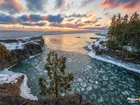 Stany Zjednoczone, Michigan, Drzewa, Jezioro, Superior Lake, Śnieg, Zima, Wschód słońca