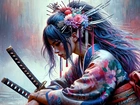 Kobieta, Samurajka, Miecze, Kimono, Grafika