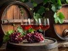 Kieliszki, Wino, Owoce, Winogrona, Beczki