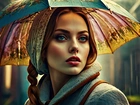 Kobieta, Parasol, Deszcz, Grafika