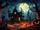 Halloween, Noc, Księżyc, Pochylony, Dom, Świecąca, Dynia, Droga, Drzewa, Ptaki