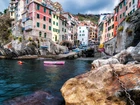 Morze, Skały, Kamienie, Łańcuchy, Łodzie, Kolorowe, Domy, Gmina, Riomaggiore, Cinque Terre, Włochy