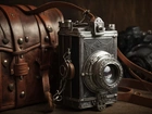 Aparat fotograficzny, Retro, Skórzany, Futerał, Antyk, Grafika AI