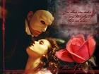 róża, Phantom Of The Opera, Gerard Butler, Emmy Rossum, maska, napis