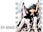 D N Angel, skrzydła, krzyż, siedzi, chłopak