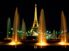 Wieża Eiffla, Fontanna, Noc, Światła, Paryż, Francja
