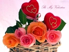 Koszyk, Kolorowe, Róże, Serduszka, Walentynki