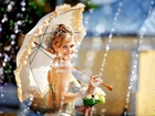 Kobieta, Parasol, Fontanna