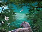 Biały, Tygrys, Woda, Drzewa, Kwiaty