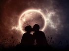 Noc, Księżyc, Para, Zakochanych, Pocałunek