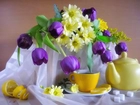 Kwiaty, Fioletowe, Tulipany, Dzbanek