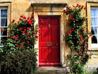 Dom, Czerwone, Drzwi, Róże