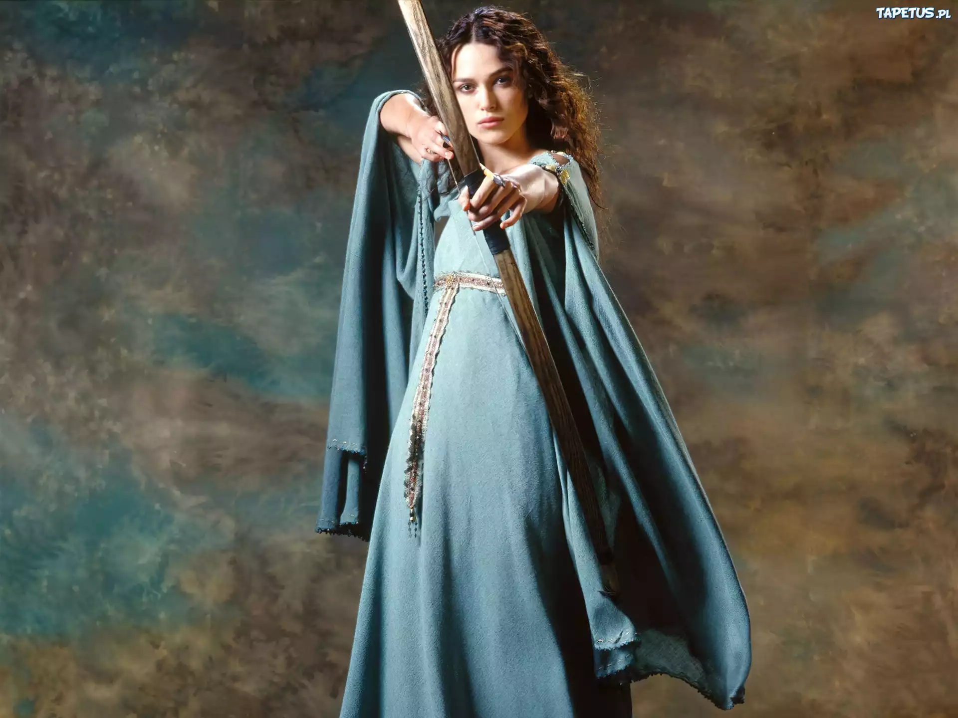 Keira Knightley, łuk, niebieska, suknia