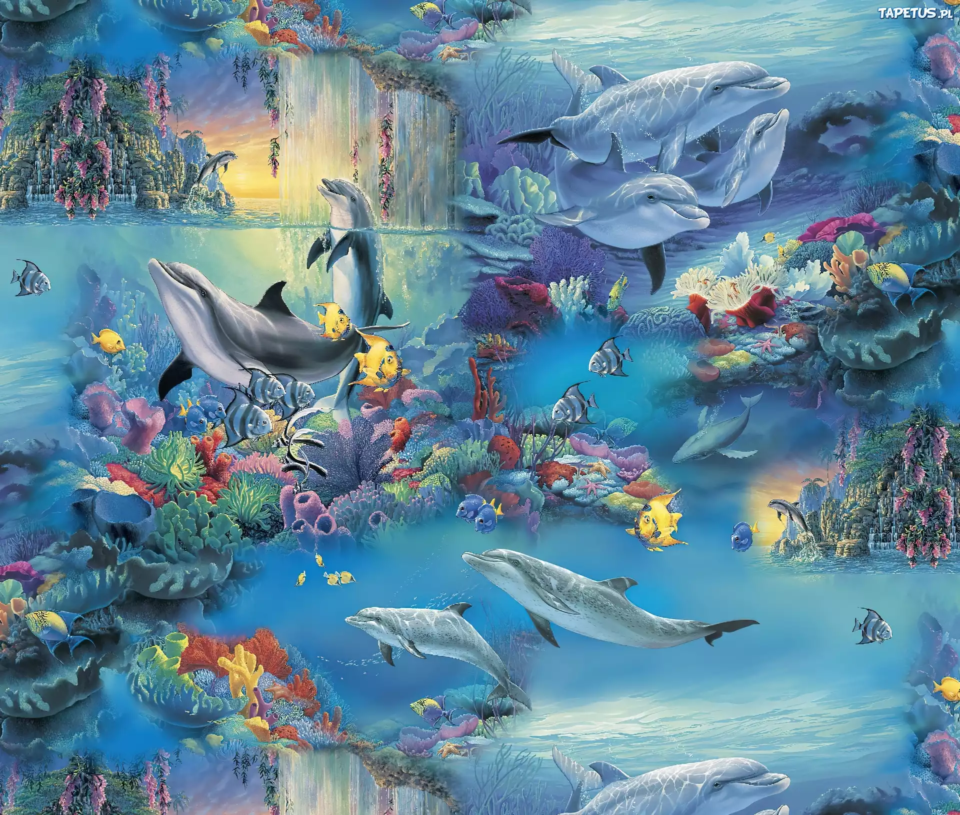 Delfiny, Rybki, Ocean, Art, Fantasy