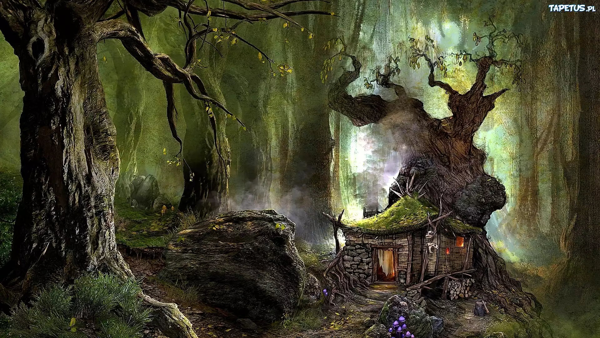 Domek, Las, Drzewa, Fantasy