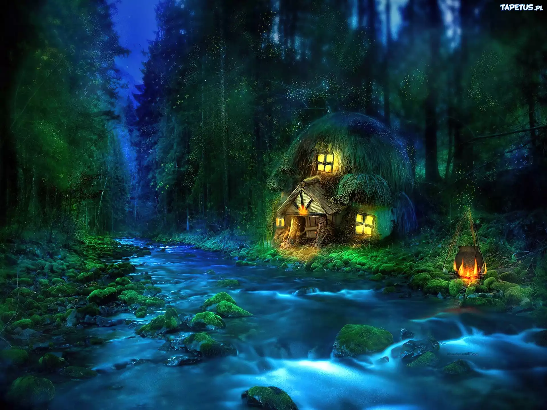 Las, Domek, Woda, Noc, Fantasy