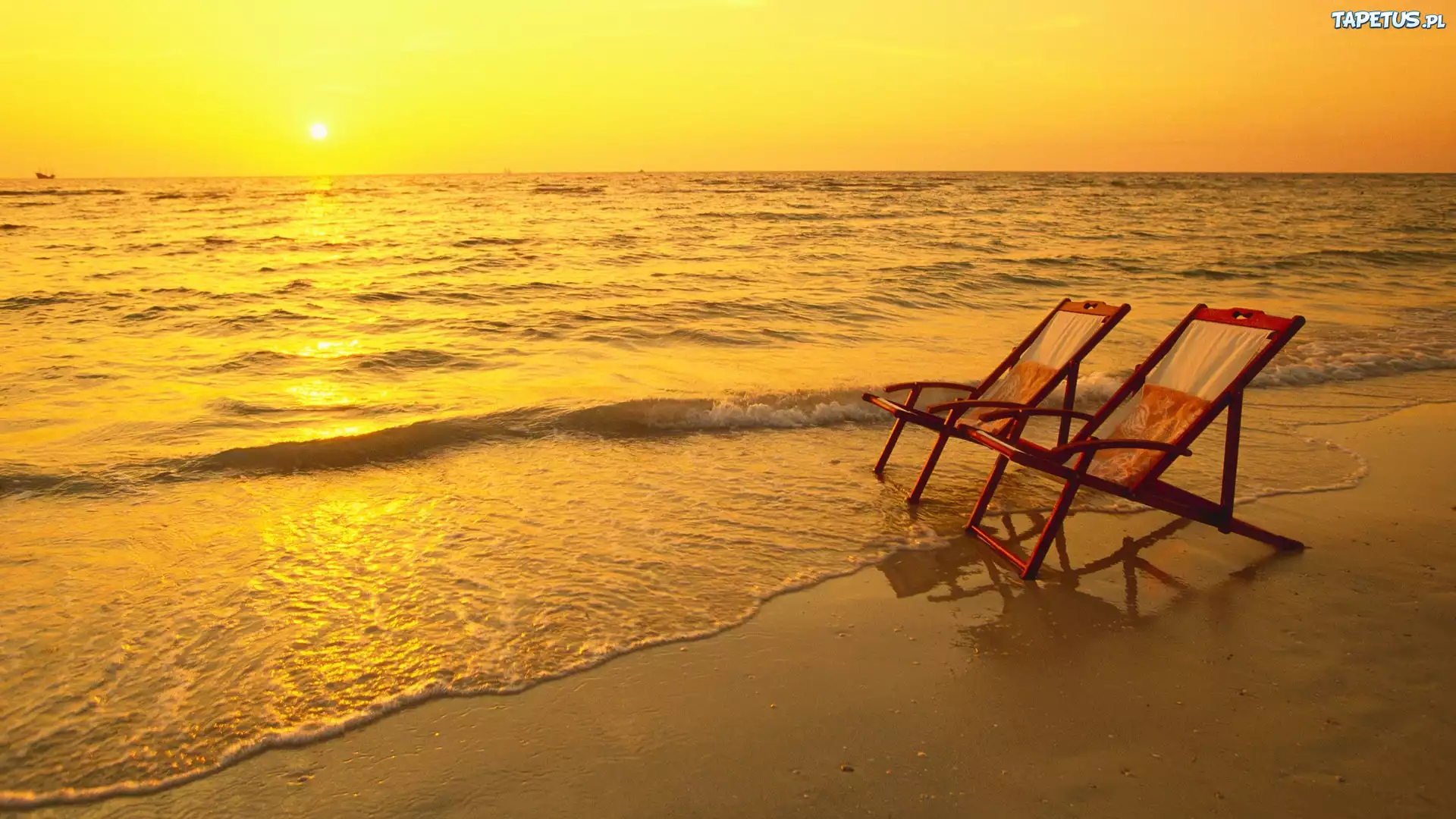 Morze, Plaża, Zachód, Słońca, Dwa, Leżaki