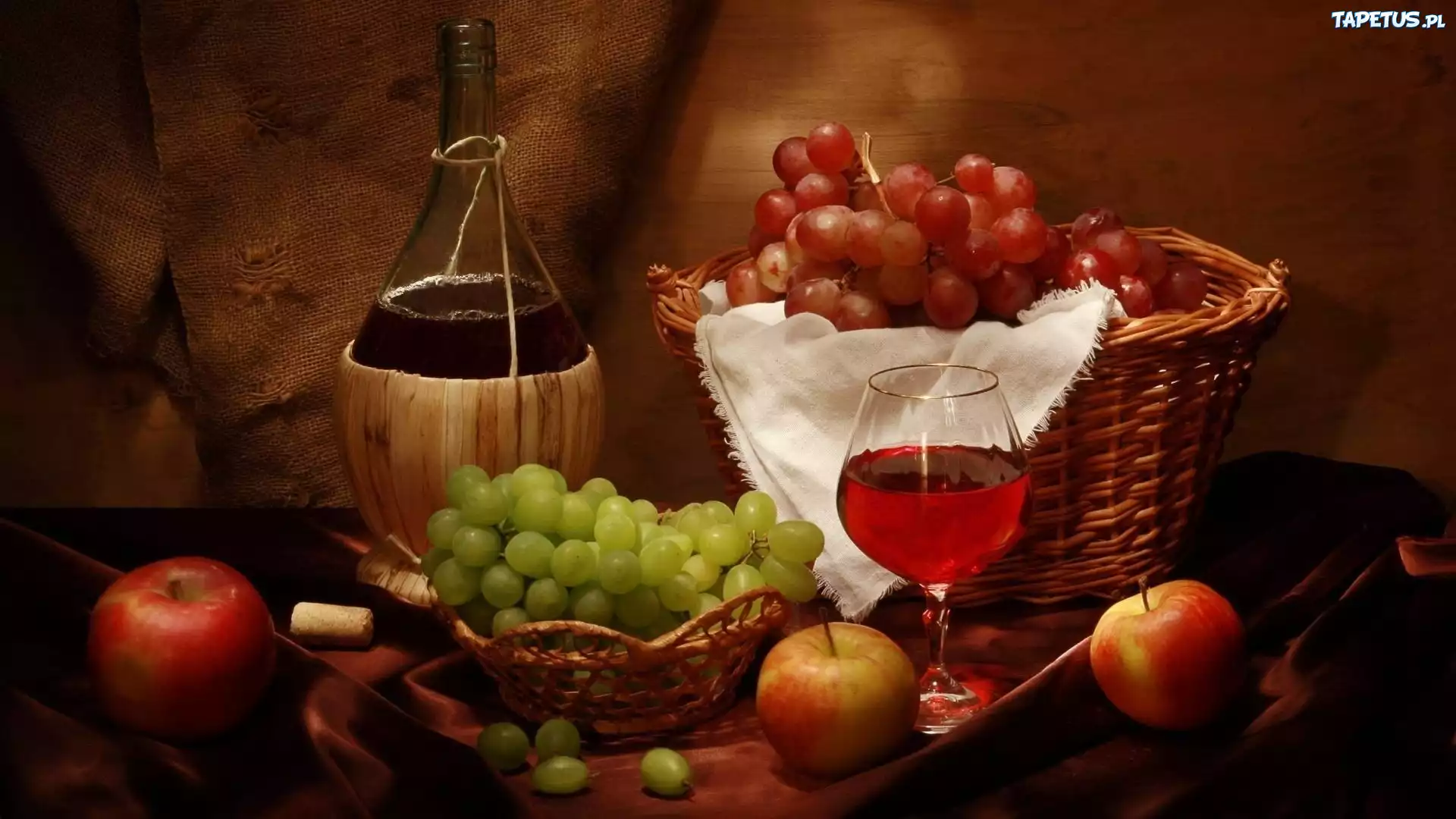 Wino, Koszyk, Butelka, Winogron, Jabłko